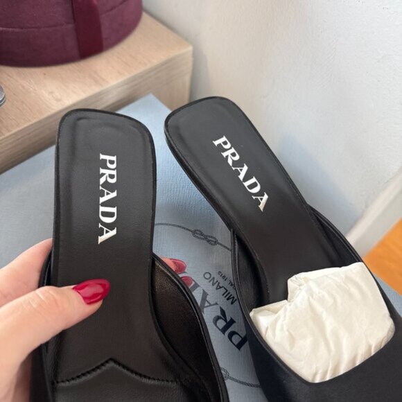 NWT Prada Slip-on Mules Black Satin Square Toe Triangle Heels Sz 36 - Picture 6 of 9